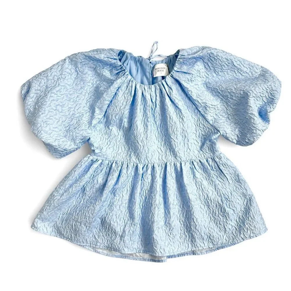 Tuckernuck Hyacinth House Julia Jacquard Puff Sleeve Babydoll Top S  Preppy Blue